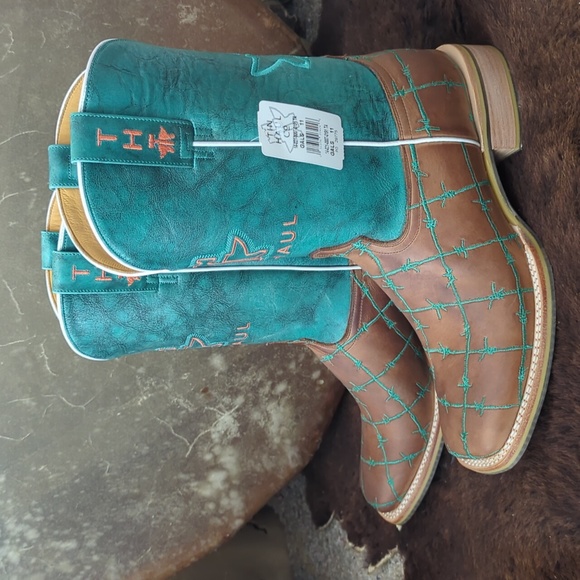 TIN HAUL "Barb'd Wire" turquoise & brown leather square toe cowgirl boot… - Picture 3 of 16